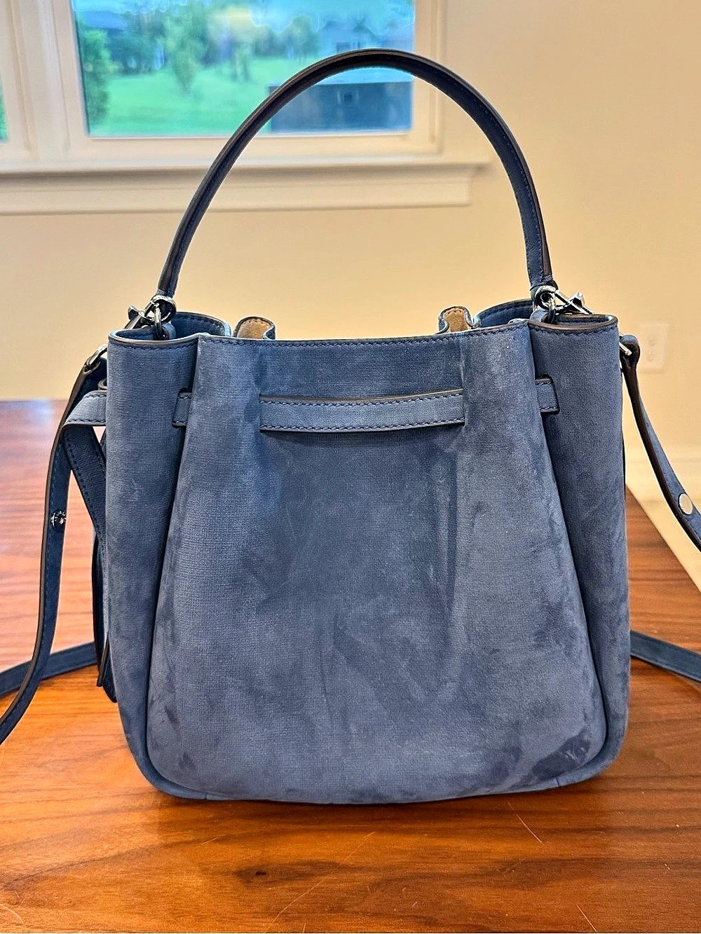 Tory Burch Romy Mini Blue Nubuck Leather Bucket Bag Crossbody - Picture 4 of 15